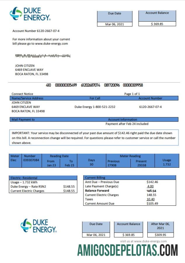 imprimível Modelo de conta de serviços públicos Duke Energy da Carolina do Norte dos EUA em formato Word e PDF